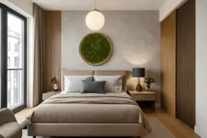 loftowe wykonczenie pod klucz sypialni w nowoczesnym design, naturalny styl wykończonego mieszkania w Grzybnie