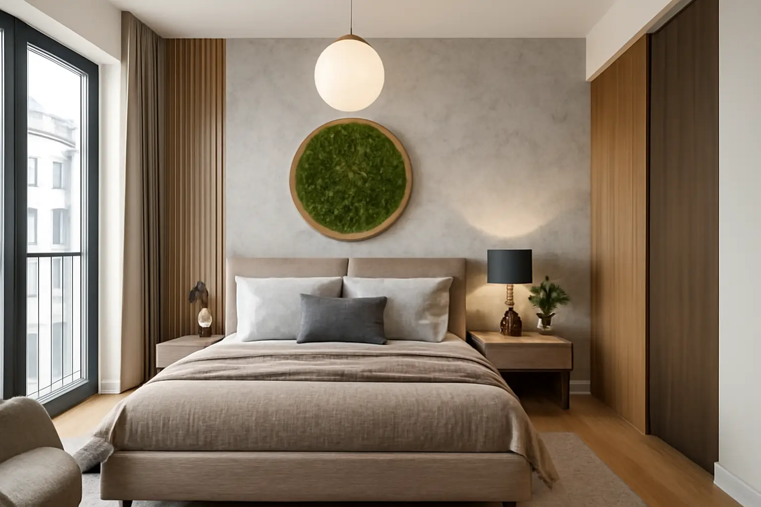 loftowe wykonczenie pod klucz sypialni w nowoczesnym design, naturalny styl wykończonego mieszkania w Grzybnie