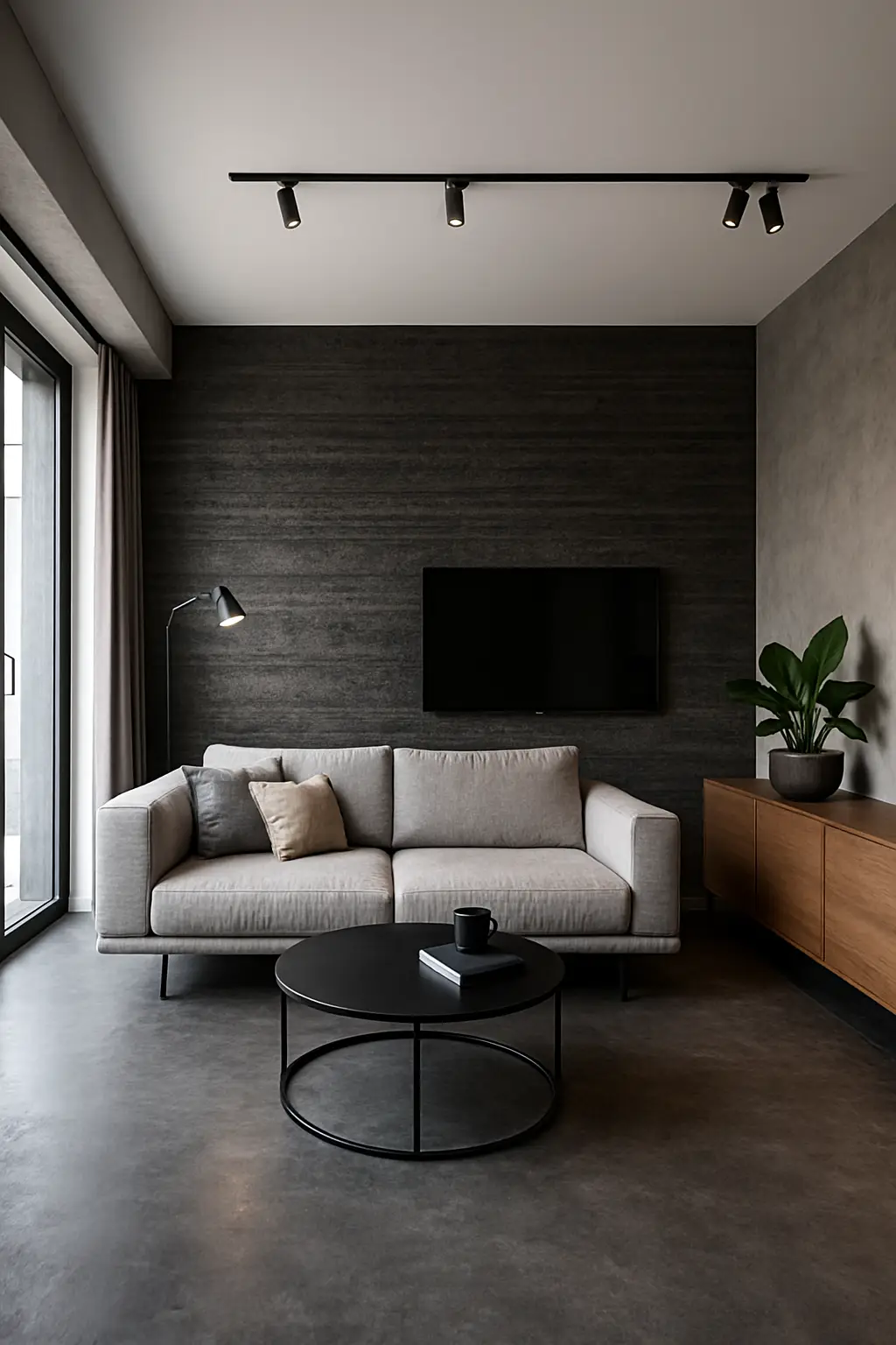 Nowoczesne wykończenie wnętrza z użyciem czarnego betonu architektonicznego – elegancki, minimalistyczny design ściany w stylu industrialnym, wykonanie przez firmę specjalizującą się w dekoracyjnych tynkach i aranżacjach wnętrz