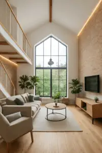 Widok wykonczonego mieszkania z otwarta antresola, tynkiem dekoracyjnym i remontowanym pod klucz